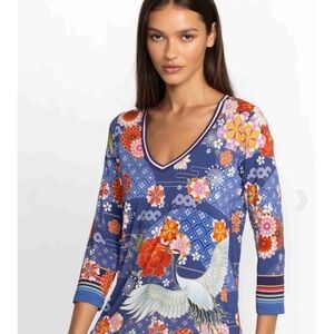 Johnny Was size Small Floral and Crane Print V-Neck Top